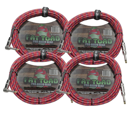 Guitar Cords (4 Pack) Right Angle to Straight-End Instrument Cable Tweed Cloth Jacket by FAT TOAD - Braided Woven 20FT 1/4 Inch Jack TS Electric AMP