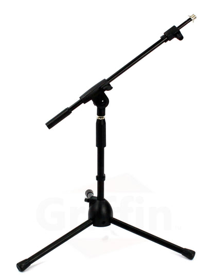Short Microphone Stand with Boom Arm by GRIFFIN - Low Profile Tripod Mic Stand Mount for Kick Bass Drum, Studio Desktop Singing Recording, Guitar Amp