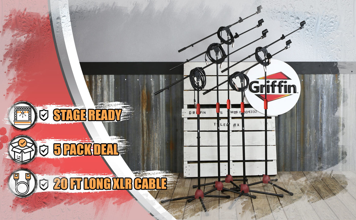 GRIFFIN Microphone Stand (Pack of 5) with XLR Cables & Mic Clip - Telescoping Boom Arm Tripod Legs