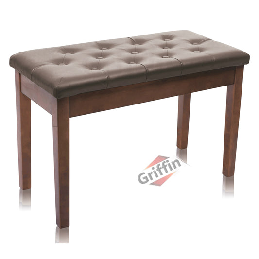 GRIFFIN Brown Wood PU Leather Piano Bench - Double Vintage Design, Ergonomic Chair Musicians Keyboard Stool - Cushion Duet Seat & Sheet Music Storage