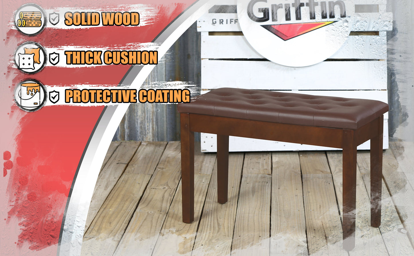 GRIFFIN Brown Wood PU Leather Piano Bench - Double Vintage Design, Ergonomic Chair Musician Keyboard