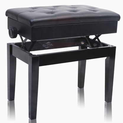 GRIFFIN Premium Antique Piano Bench - Adjustable Black Solid Wood Frame & PU Leather Padded Cushion