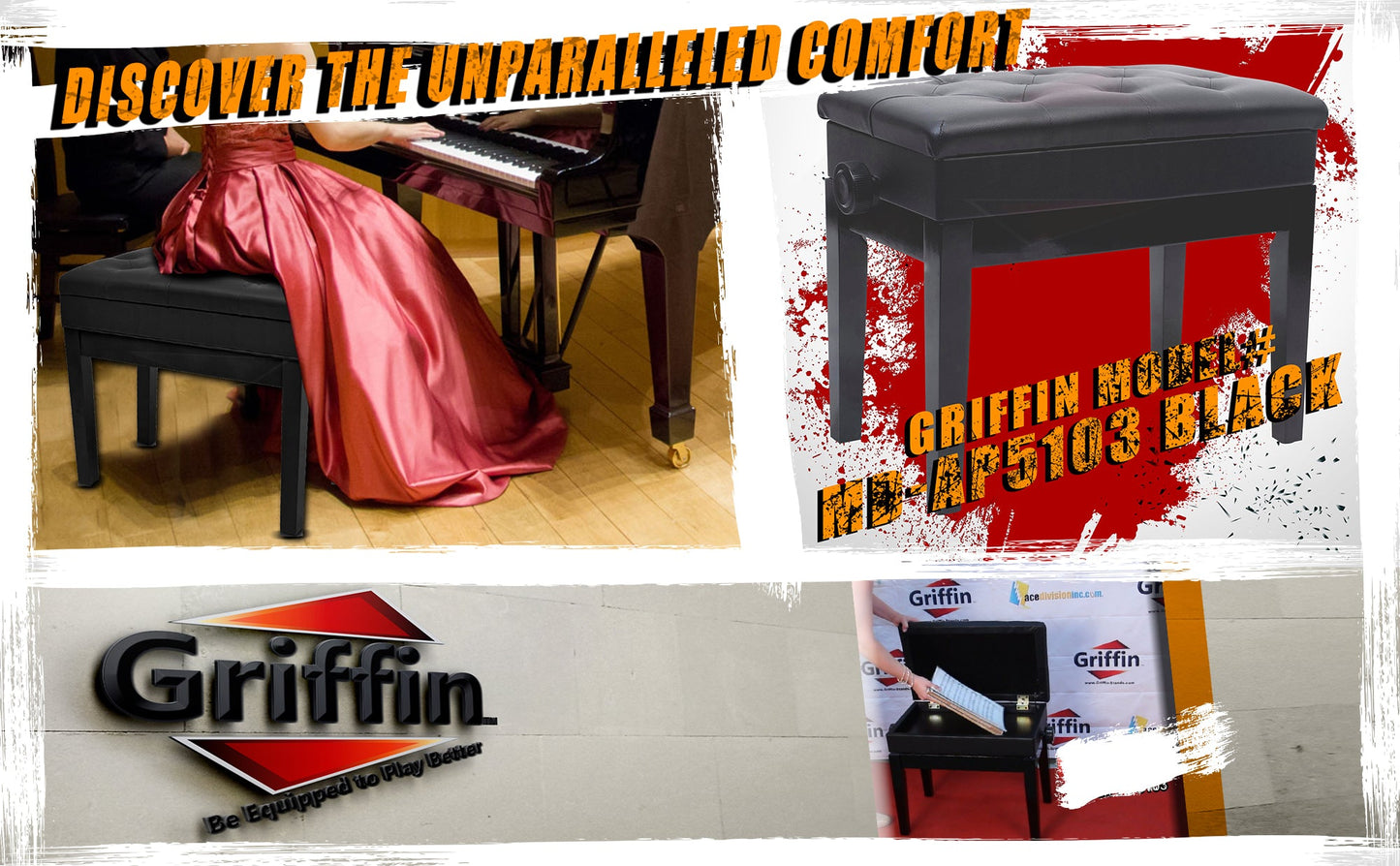 GRIFFIN Premium Antique Piano Bench - Adjustable Black Solid Wood Frame & PU Leather Padded Cushion