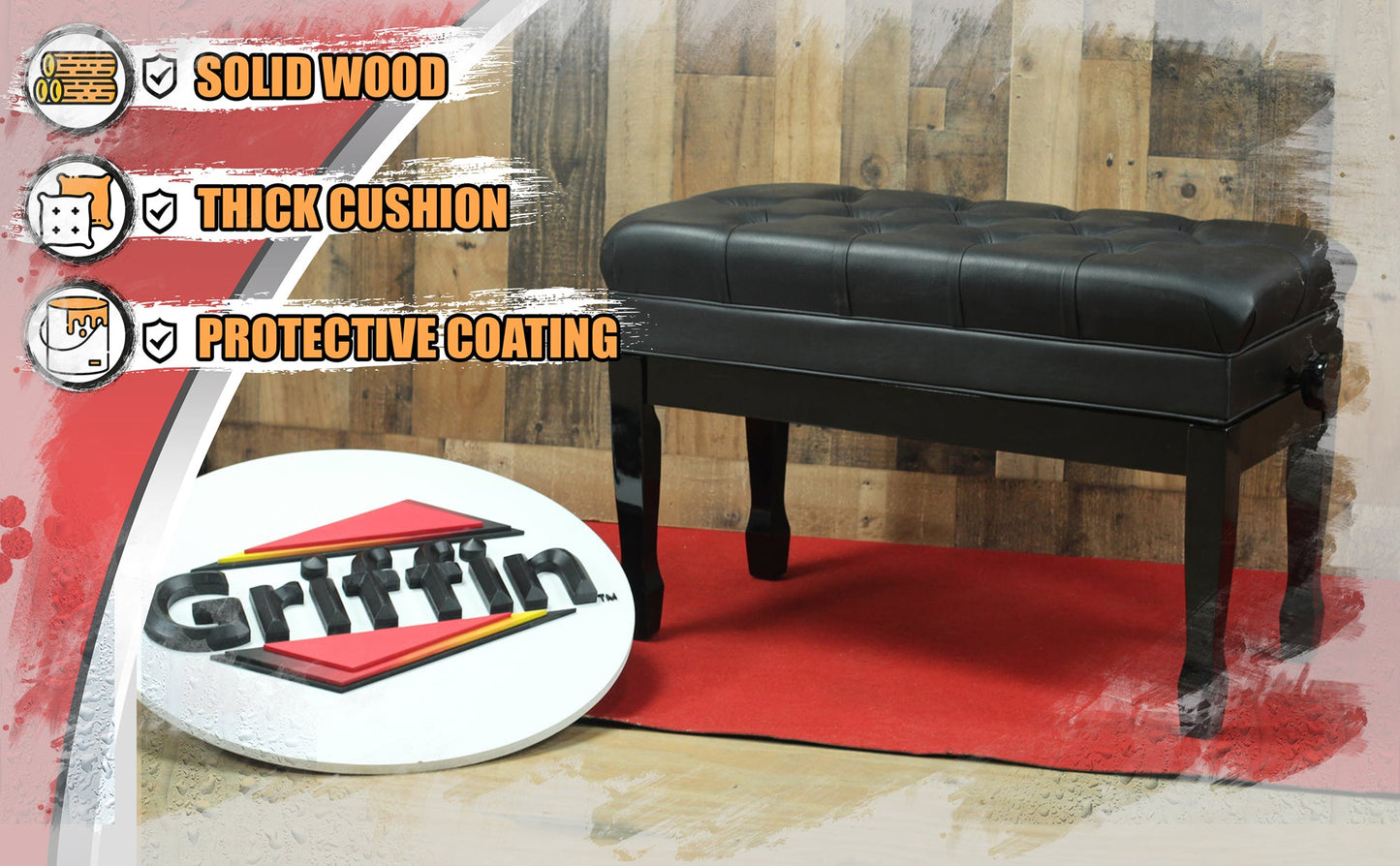GRIFFIN Genuine Leather Piano Bench - Oversize Keyboard Duet Stool - Black Solid Wood & Music Seat