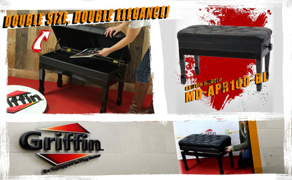 GRIFFIN Genuine Leather Piano Bench - Oversize Keyboard Duet Stool - Black Solid Wood & Music Seat