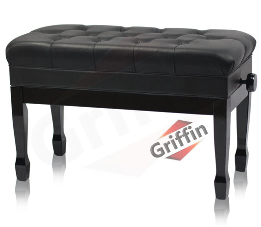 GRIFFIN Genuine Leather Piano Bench - Oversize Duet Vintage Black Solid Wood & Ergonomic Keyboard Stool - 2 Person Cushion Seat & Sheet Music Storage