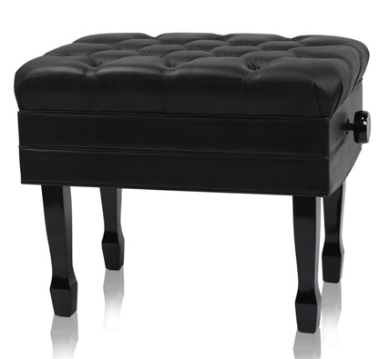 Genuine Leather Adjustable Piano Bench by GRIFFIN - Black Solid Wood Vintage Style & Heavy-Duty