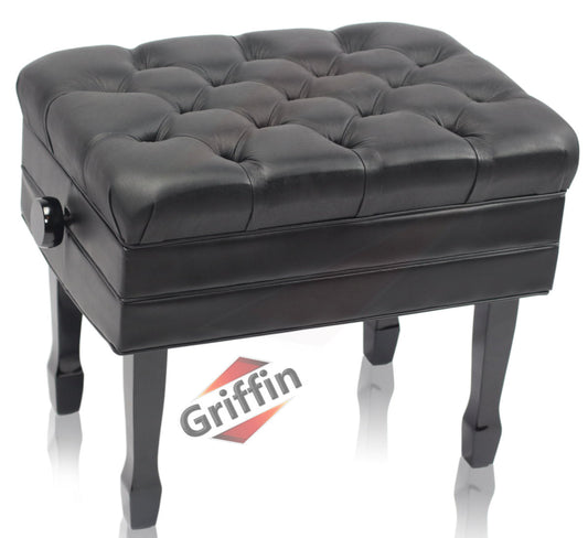 Genuine Leather Adjustable Piano Bench by GRIFFIN - Black Solid Wood Vintage Style & Heavy-Duty Ergonomic Keyboard Stool - Cushion Seat With Storage