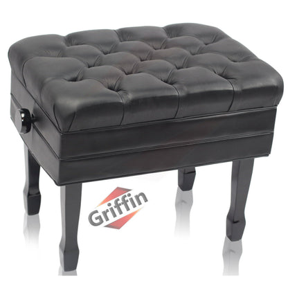 Genuine Leather Adjustable Piano Bench by GRIFFIN - Black Solid Wood Vintage Style & Heavy-Duty