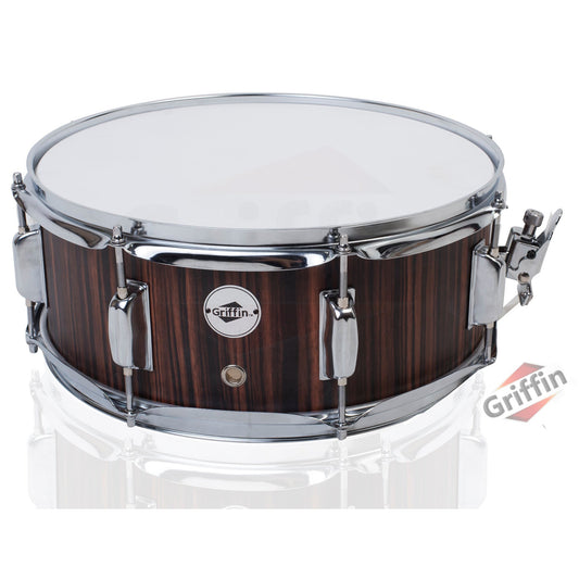 Snare Drum by GRIFFIN - 14" x 5.5"  Black Hickory PVC & Coated Head on Poplar Wood Shell - Acoustic Marching Percussion Instrument Set, Drummers Key