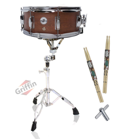 GRIFFIN Snare Drum Package with Snare Stand, 2 Pairs of Drum Sticks & Drum Key | Snare Kit with Poplar Wood Shell 14" x 5.5" with Flat Hickory PVC