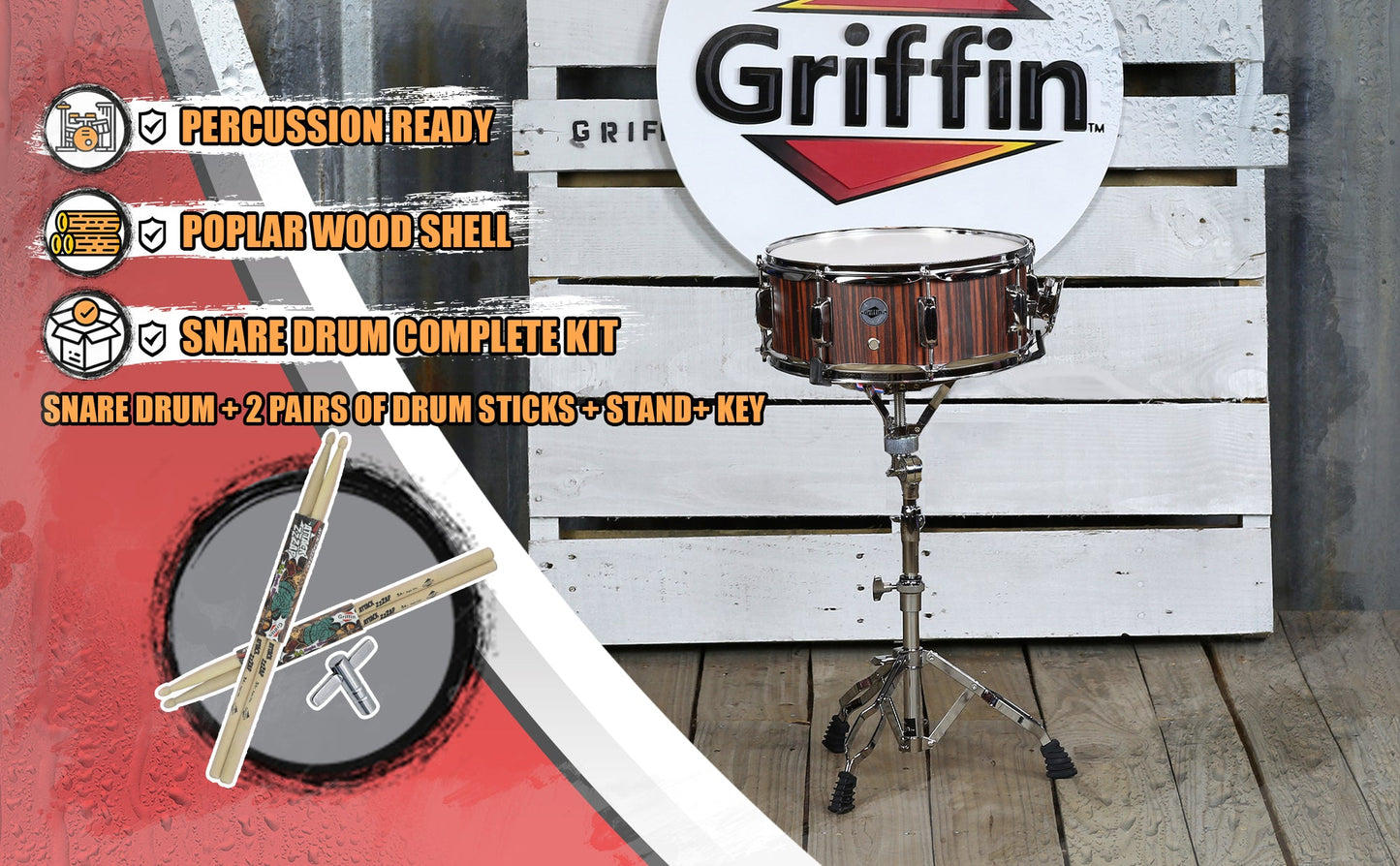 Snare Drum Set by GRIFFIN - Includes Snare Stand, 2 Pairs of Maple Drum Sticks & Drum Key | Wood Shell Drum Set, Chrome Holder Acoustic