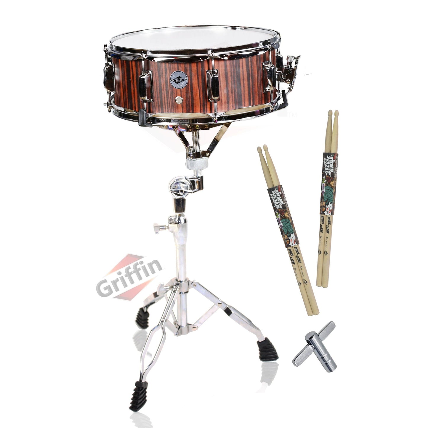 Snare Drum Set by GRIFFIN - Snare Stand, 2 Pairs of Maple Drum Sticks & Drum Key Wood Shell