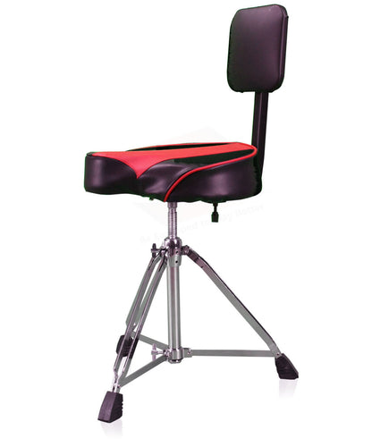 Saddle Drum Throne with Backrest Support by GRIFFIN - Padded Leather Drummer Motorcycle Biker Style Seat - Swivel Adjustable Height Music Drum Chair