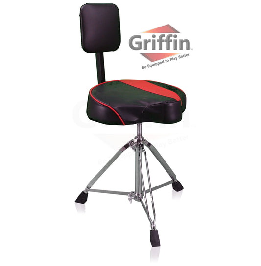 Saddle Drum Throne with Backrest Support by GRIFFIN - Padded Leather Drummer Motorcycle Biker Style Seat - Swivel Adjustable Height Music Drum Chair