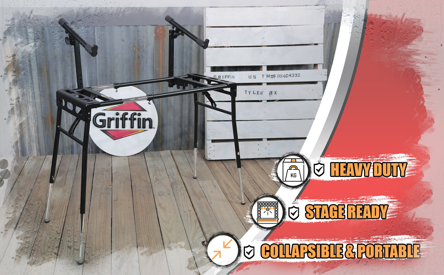 GRIFFIN 2-Tier DJ Coffin Workstation Stand - Double Table Top Keyboard & Laptop Holder Mount