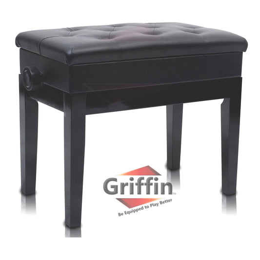 GRIFFIN Premium Antique Piano Bench - Adjustable Black Solid Wood Frame & PU Leather Padded Cushion - Vintage Ergonomic Musicians Keyboard Chair