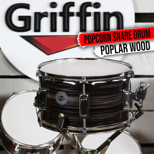 Popcorn Snare Drum by GRIFFIN - Firecracker Acoustic 10" x 6" Poplar Shell with Zebra Wood PVC
