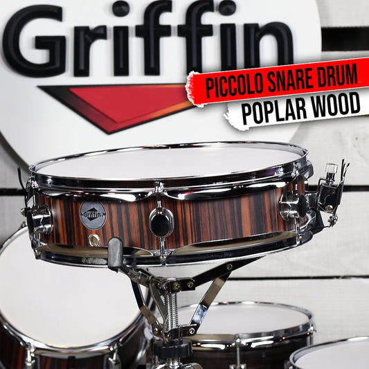 Piccolo Snare Drum 13" x 3.5" by GRIFFIN - 100% Poplar Wood Shell Black Hickory Finish & Drum Head