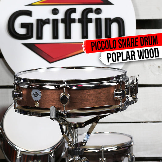 Piccolo Snare Drum 13" x 3.5" by GRIFFIN - 100% Poplar Wood Shell Hickory Finish & Coated Drum Head