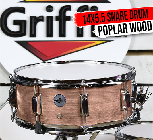 Oak Wood Snare Drum by GRIFFIN - PVC on Poplar Wood Shell 14" x 5.5" - Percussion Musical Instrument