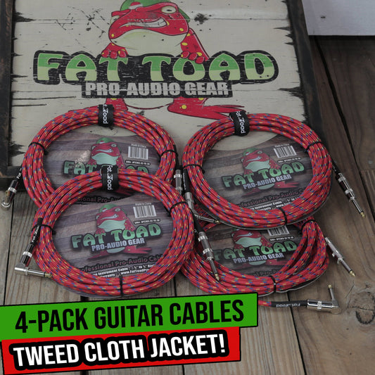 Guitar Cords (4 Pack) Right Angle to Straight-End Instrument Cable Tweed Cloth Jacket by FAT TOAD