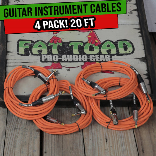 Guitar Cords (4 Pack) Right Angle Instrument Cable by FAT TOAD - 20FT 1/4 Inch Straight-End Wires