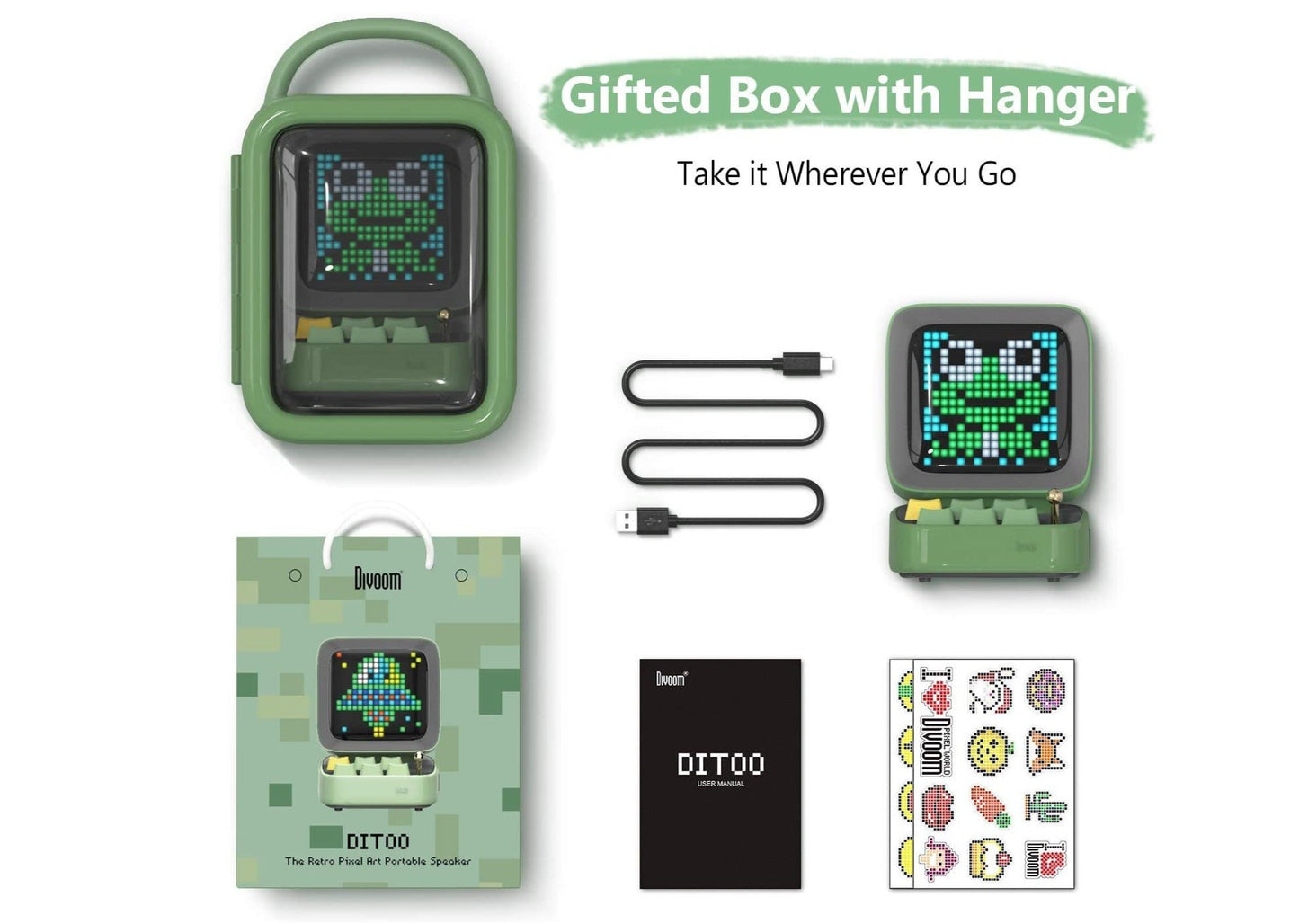 (20% OFF - BLACK FRIDAY) Divoom Ditoo Smart Retro Pixel-Art Bluetooth Portable Speaker/Alarm Clock (Green)