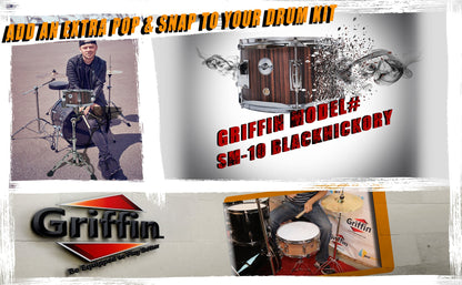 GRIFFIN Firecracker Snare Drum - Acoustic Popcorn 10" x 6" Poplar Mini Wood Shell & Black Hickory