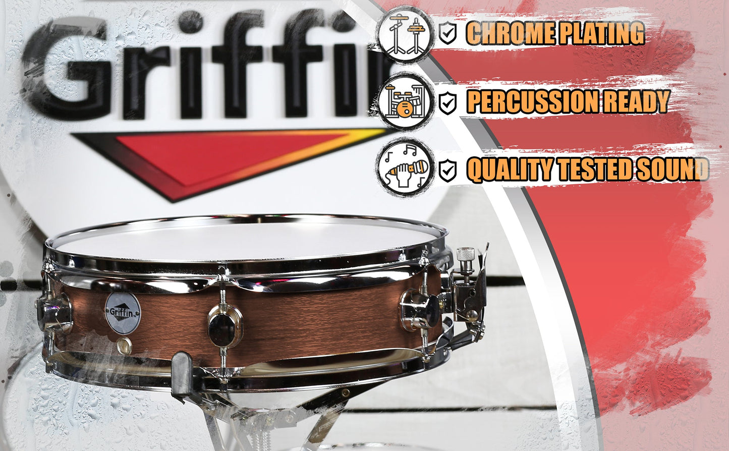 Piccolo Snare Drum 13" x 3.5" by GRIFFIN - 100% Poplar Wood Shell with Black Hickory Finish & Coated Drum Head - Drummers Acoustic Marching Kit