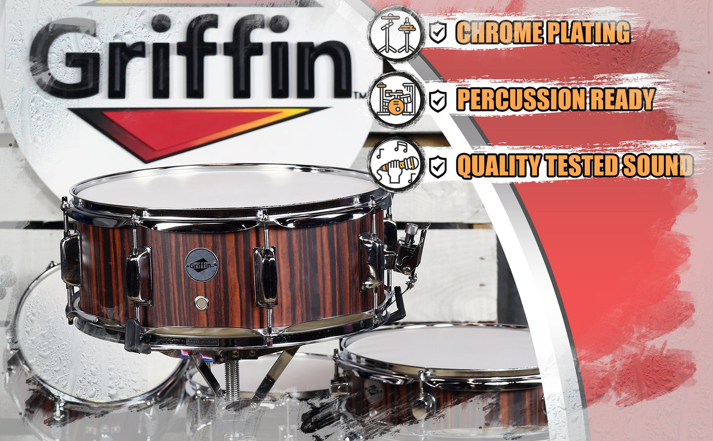 Snare Drum by GRIFFIN - 14" x 5.5"  Black Hickory PVC & Coated Head on Poplar Wood Shell - Acoustic Marching Percussion Instrument Set, Drummers Key