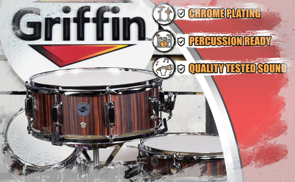 Snare Drum by GRIFFIN - 14" x 5.5"  Black Hickory PVC & Coated Head on Poplar Wood Shell - Acoustic Marching Percussion Instrument Set, Drummers Key