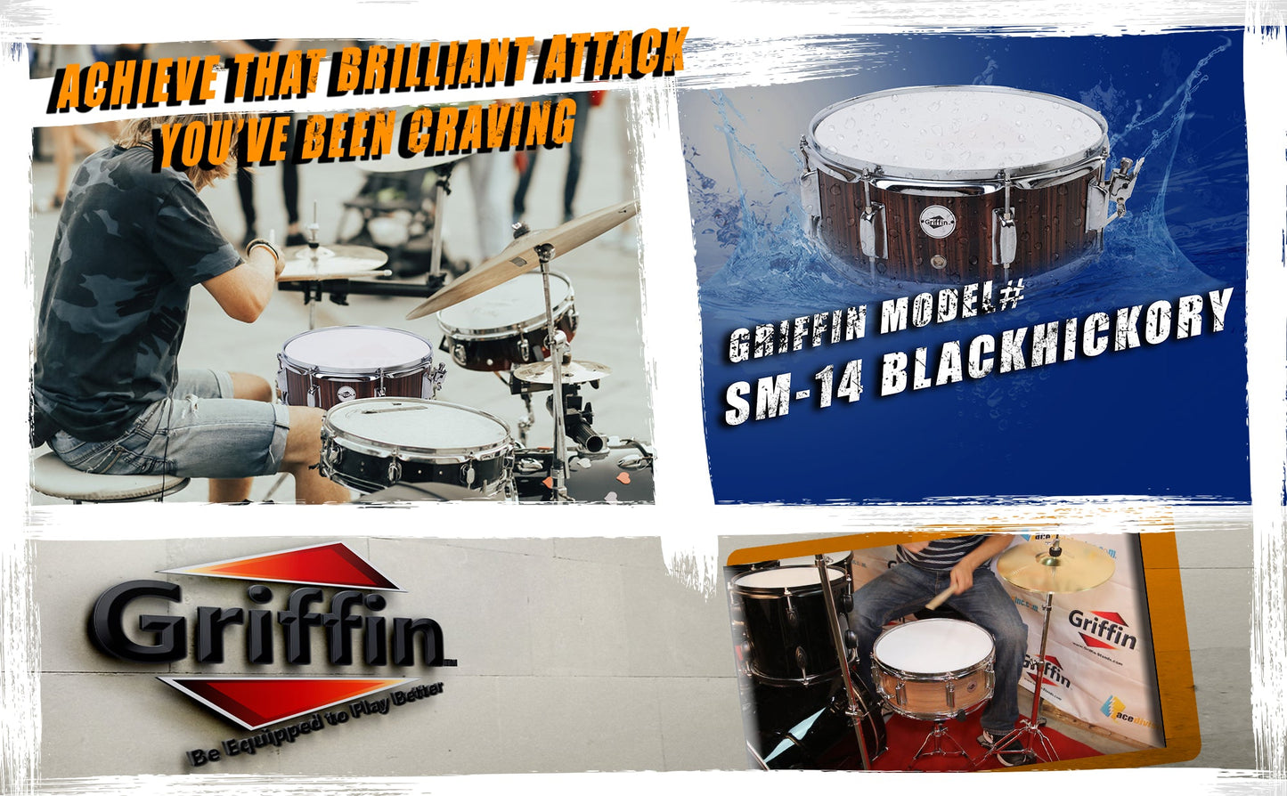 Snare Drum by GRIFFIN - 14" x 5.5"  Black Hickory PVC & Coated Head on Poplar Acoustic Wood Shell