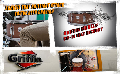 GRIFFIN Snare Drum - Poplar Wood Shell 14" x 5.5" with Flat Hickory PVC - 8 Metal Tuning Lugs