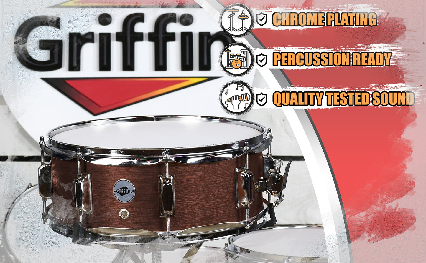 GRIFFIN Snare Drum - Poplar Wood Shell 14" x 5.5" with Flat Hickory PVC - 8 Metal Tuning Lugs