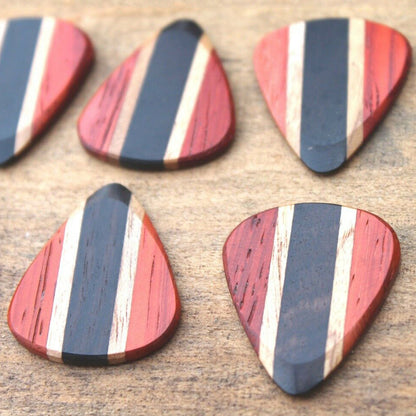 Padauk, Teak, & Ebony Wood Guitar Or Bass Pick - 3.0 mm Ultra Heavy Gauge - 351 Wedge Shape - Natural Finish Handmade Specialty Exotic Plectrum