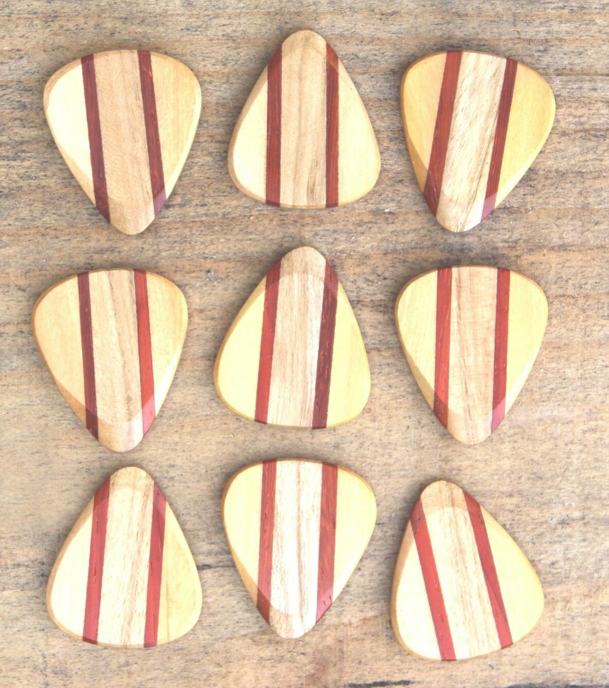 Maple, Padauk, & Teak Wood Guitar Or Bass Pick - 3.0 mm Ultra Heavy Gauge - 351 Wedge Shape - Natural Finish Handmade Specialty Exotic Plectrum