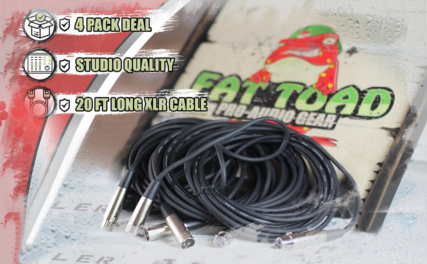 Microphone Cables by FAT TOAD - (4 Pack) 20ft Pro Audio XLR Mic Cord Patch Extension with Female & Male Connector - 24 AWG Shielded Wire & Balanced