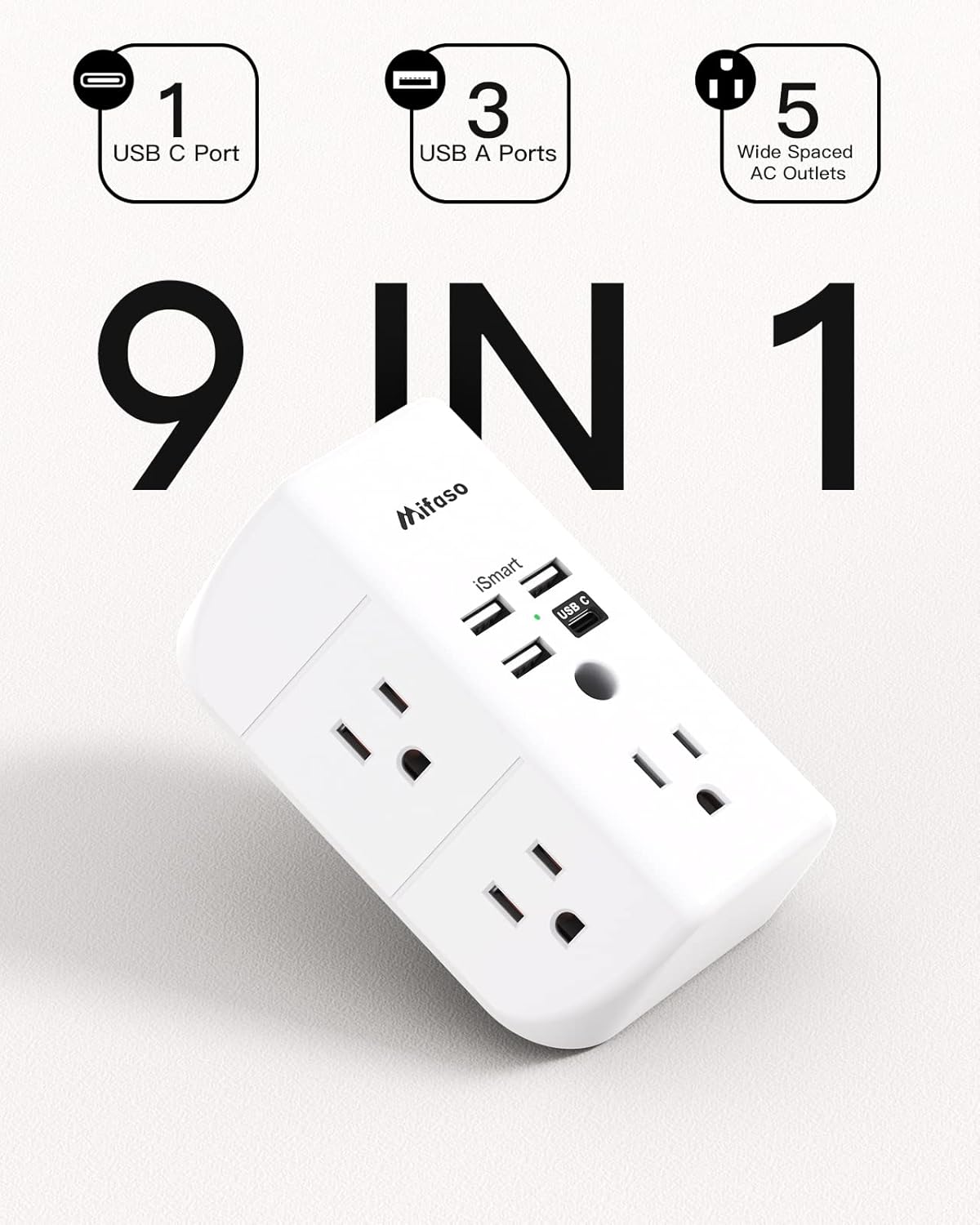 Wall Outlet Extender with Outlet Splitter Surge Protector USB Wall Charger with 5 Outlet Extender and 3 USB Ports, 1 USB C, 3-Sided Power Strip Multi Plug Outlets