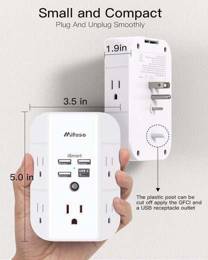 Wall Outlet Extender with Outlet Splitter Surge Protector USB Wall Charger with 5 Outlet Extender and 3 USB Ports, 1 USB C, 3-Sided Power Strip Multi Plug Outlets