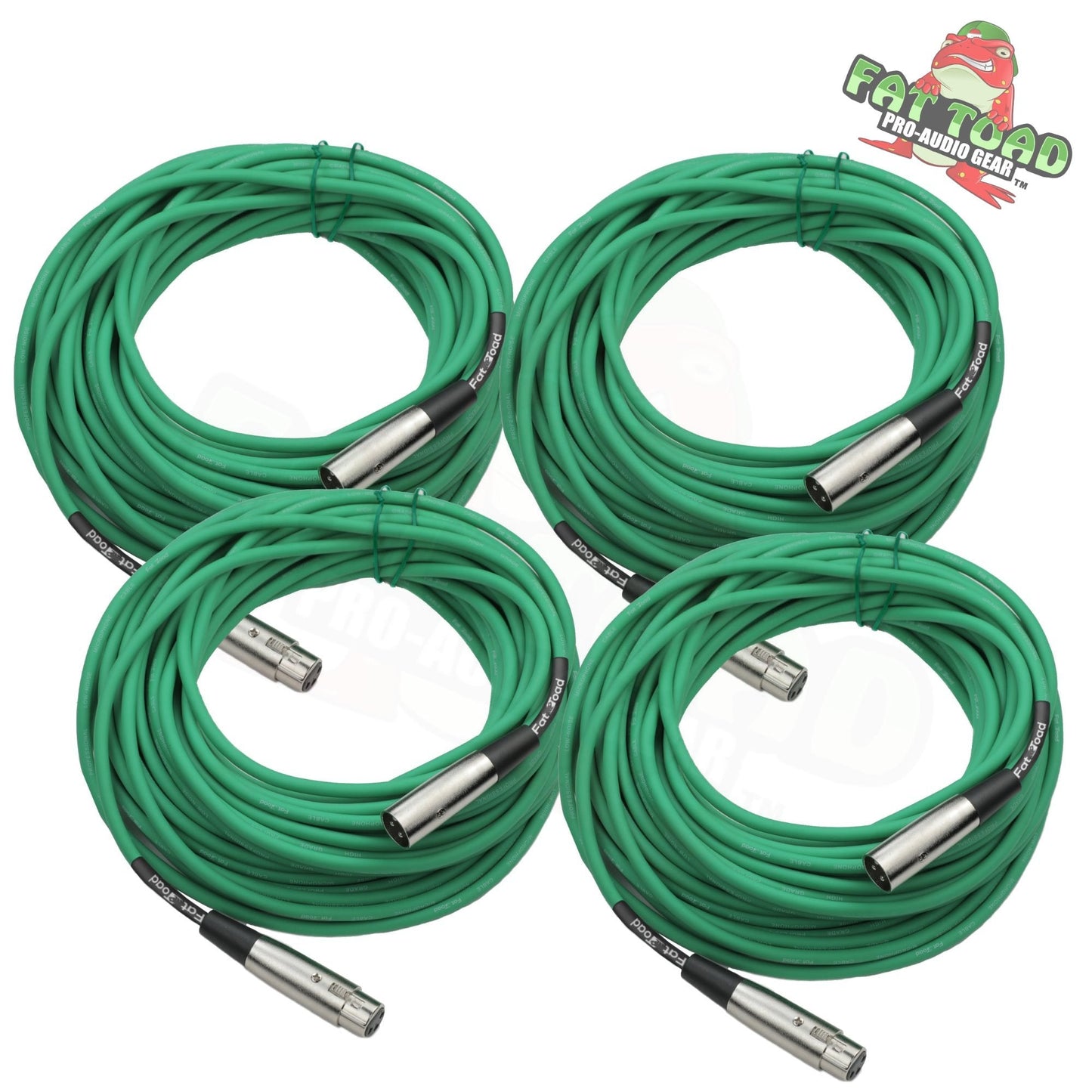 XLR Microphone Cables (4 Pack) by FAT TOAD - 50ft Professional Pro Audio Green Mic Cord Extension Patch with Lo-Z Connector - 24 AWG Shielded Wire