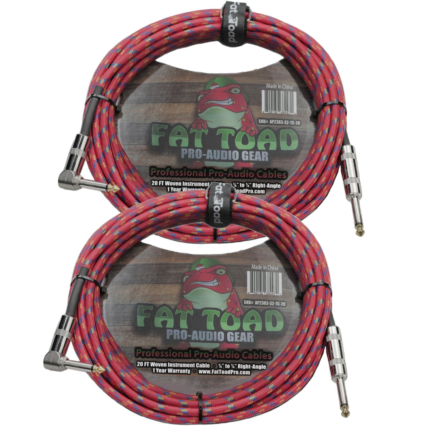 Guitar Cables (2 Pack) Right Angle to Straight-End Instrument Cord Tweed Cloth Jacket by FAT TOAD - Braided Woven 20 FT 1/4 Inch Gold Jack TS
