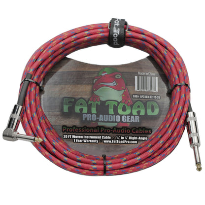 Guitar Cable Right Angled to 1/4 Straight-End Instrument Cord Tweed Cloth Jacket by FAT TOAD - Braided Woven 20FT Quarter Inch Gold Jack TS