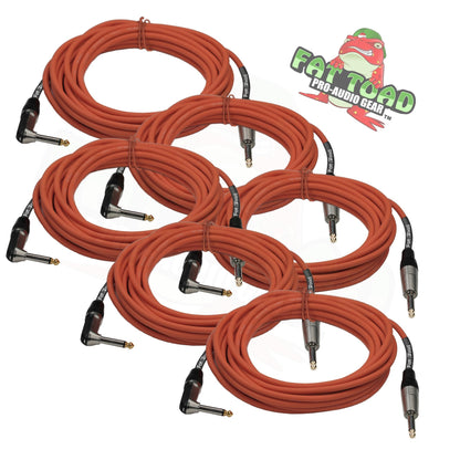 Guitar Cables (6 Pack) Right Angled Instrument Cord by FAT TOAD - 20FT 1/4 Quarter Inch Straight-End 20 GA Wires for Electric Guitar Pedal, Keyboards