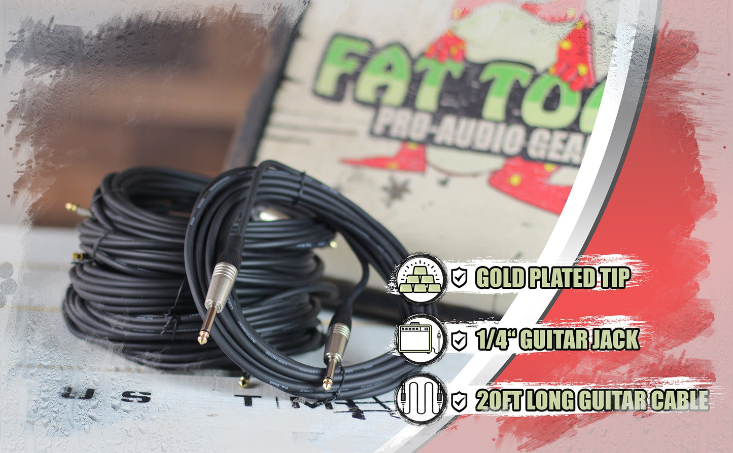 Guitar Cords (6 Pack) Instrument Cable by FAT TOAD - 20FT Wires 1/4 Inch Gold Straight-End