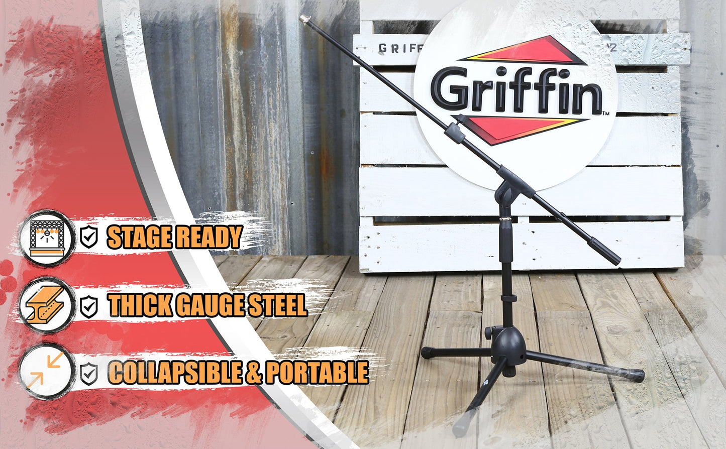 Short Microphone Stand with Boom Arm by GRIFFIN - Low Profile Tripod Mic Stand Mount for Kick Bass