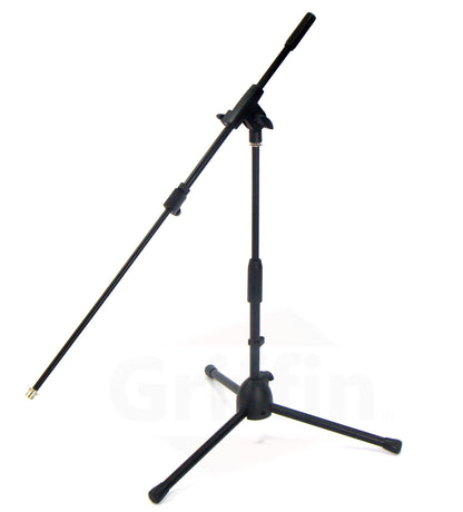 Short Microphone Stand with Boom Arm by GRIFFIN - Low Profile Tripod Mic Stand Mount for Kick Bass Drum, Studio Desktop Singing Recording, Guitar Amp