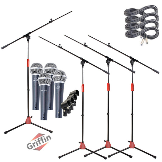 Microphone Stand with Telescoping Boom Arm, 20 Ft XLR Cable (Pack of 4) by GRIFFIN - Handheld Dynamic Mic & Clip  - DJ Pro-Audio Cardioid Singing Mic