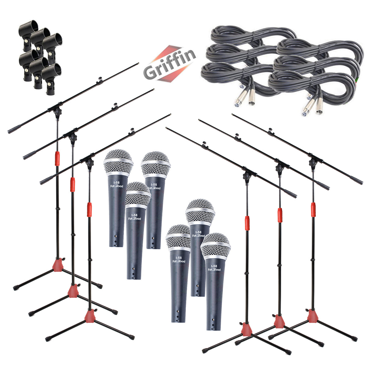 Microphone Boom Stand (GRIFFIN 6 Pack) with Cardioid Vocal Microphones & XLR Mic Cables - Karaoke Holder & Tripod Mount - Handheld Unidirectional Mics