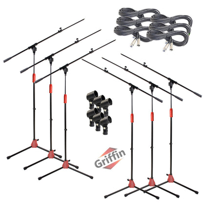 GRIFFIN Microphone Boom Stand (Pack of 6) with XLR Cables & Mic Clip - Telescopic Arm Tripod Legs for Studio Recording Accessories, Singing Karaoke
